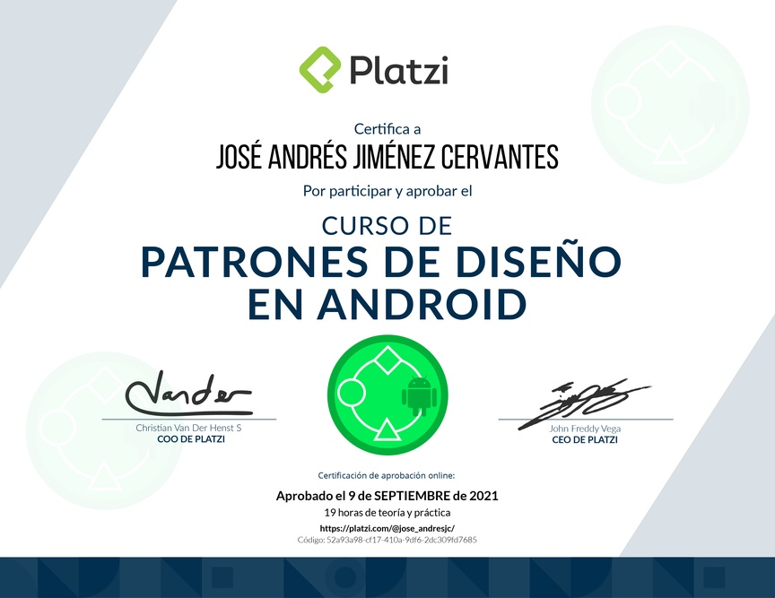 Diploma del Curso de Patrones de Diseño en Android