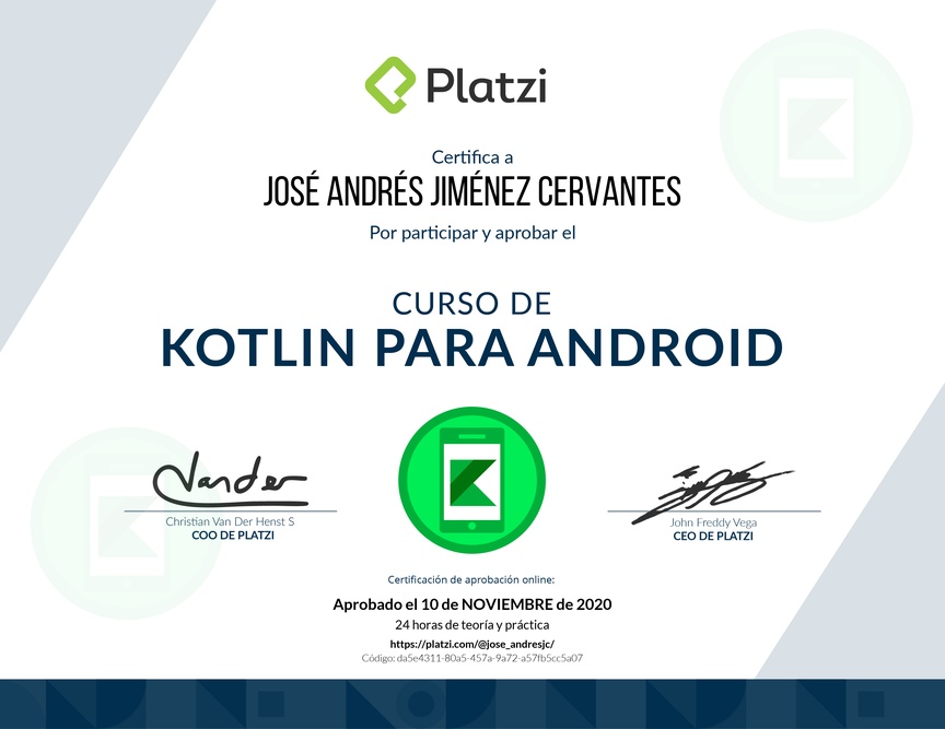 Diploma del Curso de Kotlin para Android
