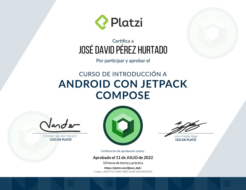 Diploma del Curso de Introducción a Android con Jetpack Compose - 2021
