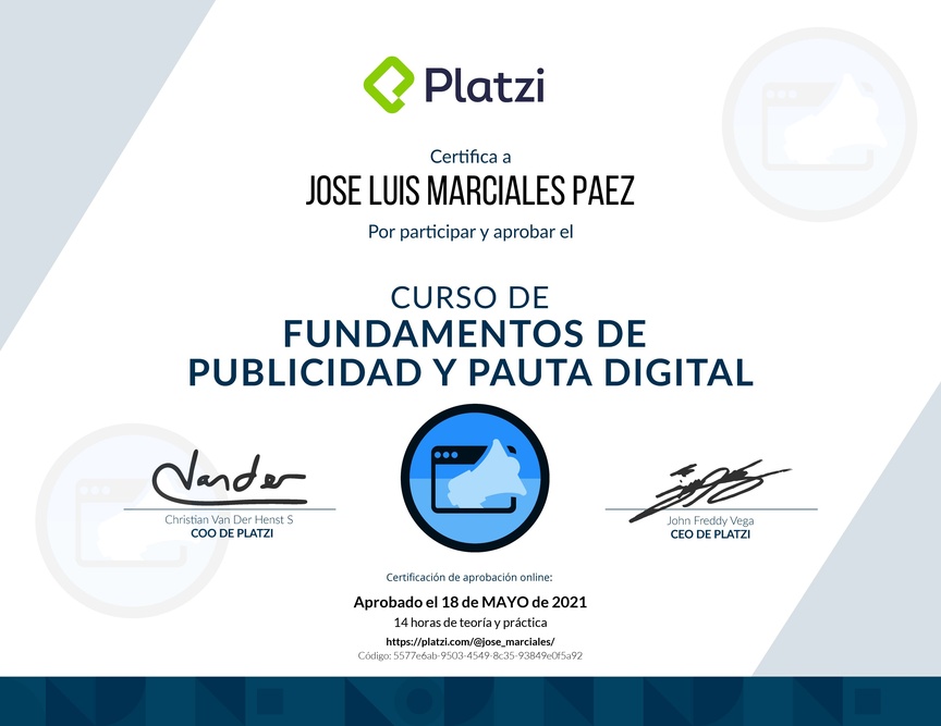 Diploma del Curso de Fundamentos de Publicidad y Pauta Digital