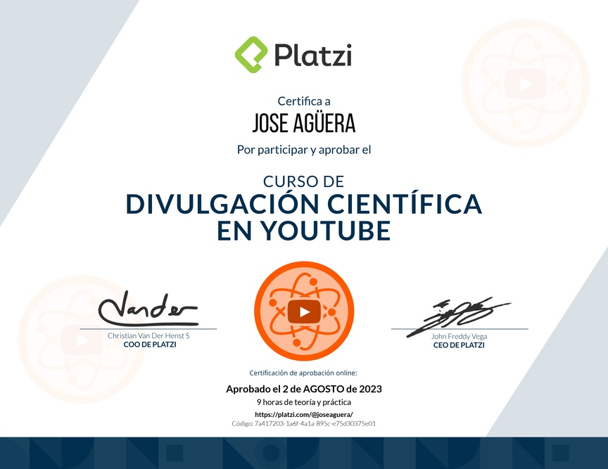 Diploma del Curso de Divulgación Educativa en YouTube