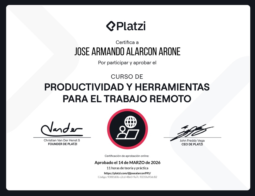 Diploma del Curso de Productividad y Herramientas para el Trabajo Remoto