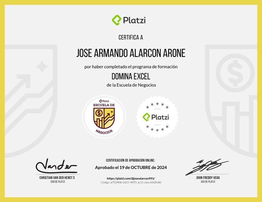 Diploma de la Ruta de Aprendizaje de Domina Excel