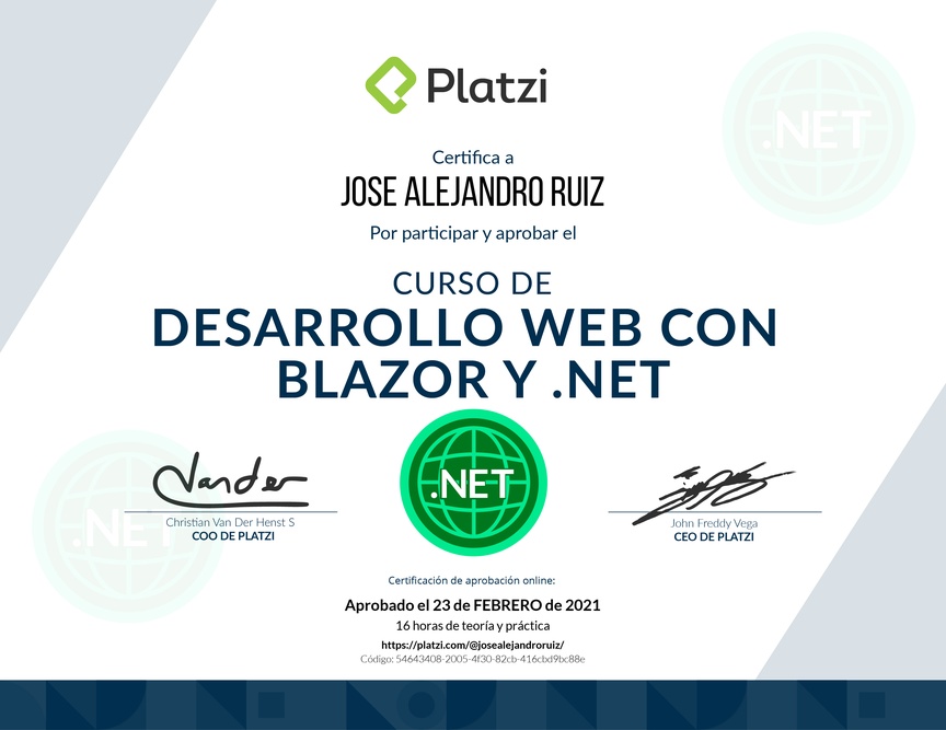 Diploma del Curso de Desarrollo Web con Blazor y .Net Core 3