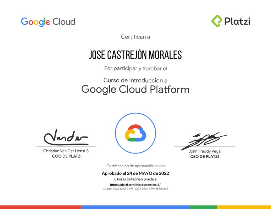 Diploma del Curso de Introducción a Google Cloud Platform