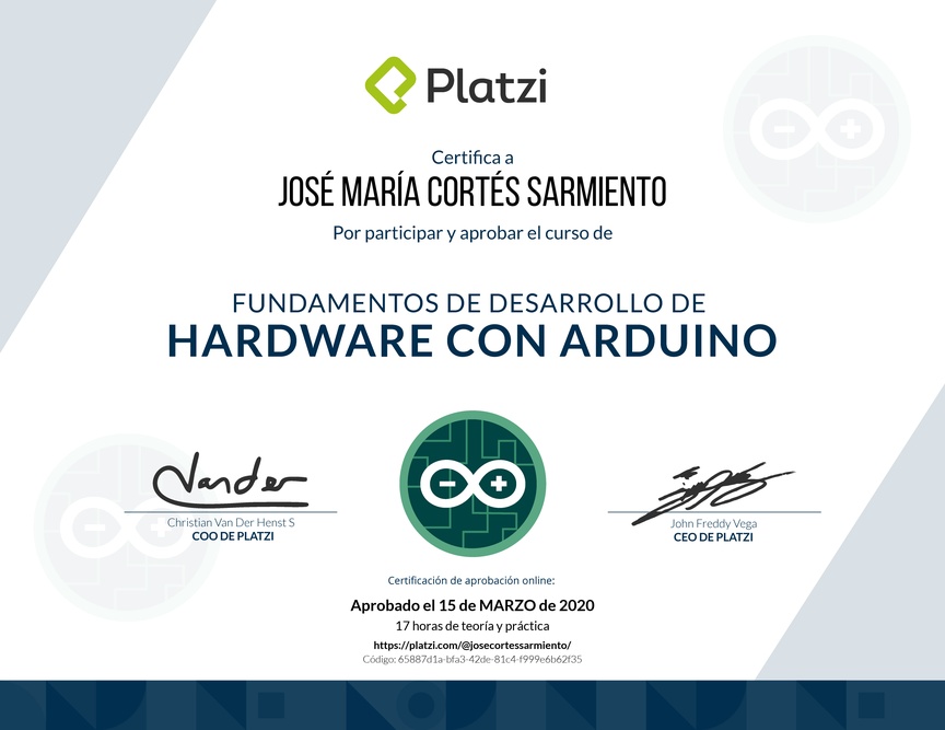 Diploma del Curso Fundamentos de Desarrollo de Hardware con Arduino