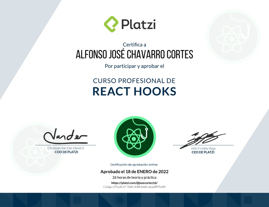 Diploma del Curso Profesional de React Hooks