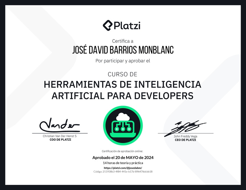 Diploma del Curso de Herramientas de Inteligencia Artificial para Developers (2023)