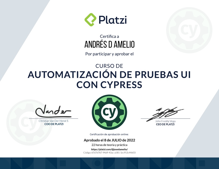 Diploma del Curso de Automatización de Pruebas UI con Cypress