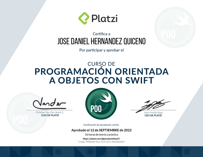 Diploma del Curso de Programación Orientada a Objetos en Swift