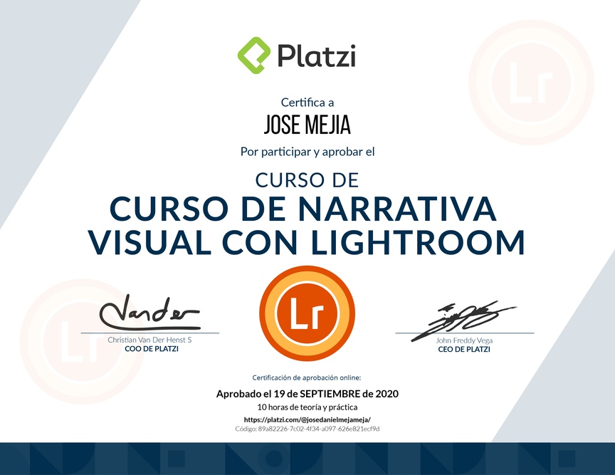 Diploma del Curso de Narrativa Visual con Lightroom