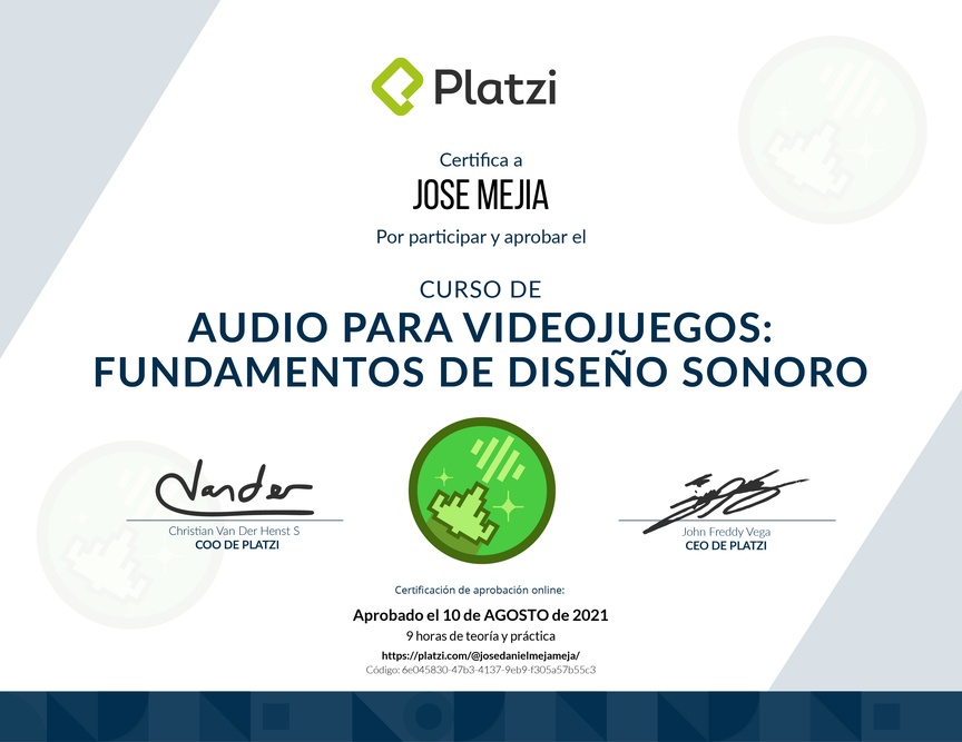 Diploma del Curso de Audio para Videojuegos: Fundamentos de Diseño Sonoro