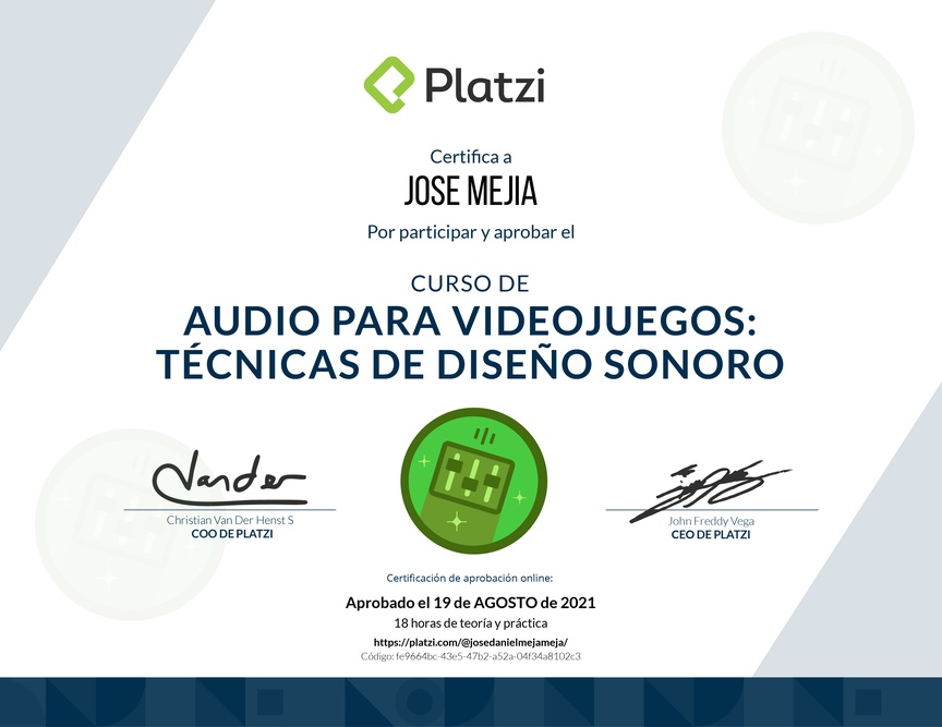 Diploma del Curso de Audio para Videojuegos: Técnicas de Diseño Sonoro
