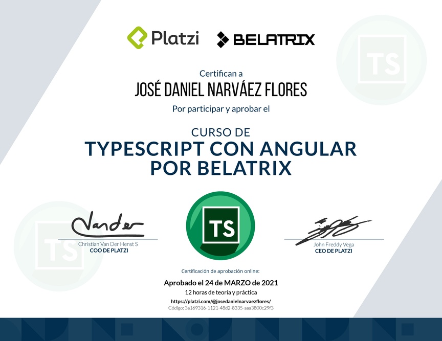 Diploma del Curso de TypeScript con Angular por Belatrix
