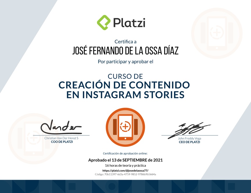 Diploma del Curso de Diseño y Edición de Instagram Stories