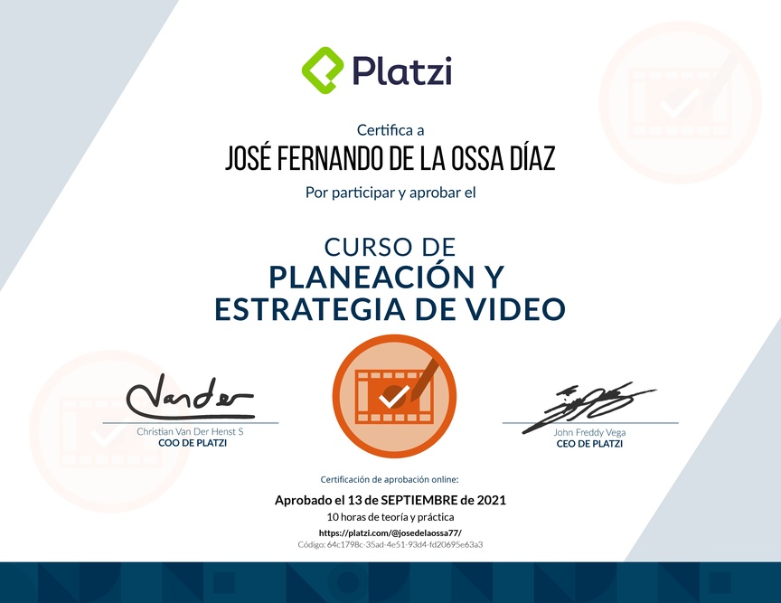 Diploma del Curso de Planeación y Estrategia de Video