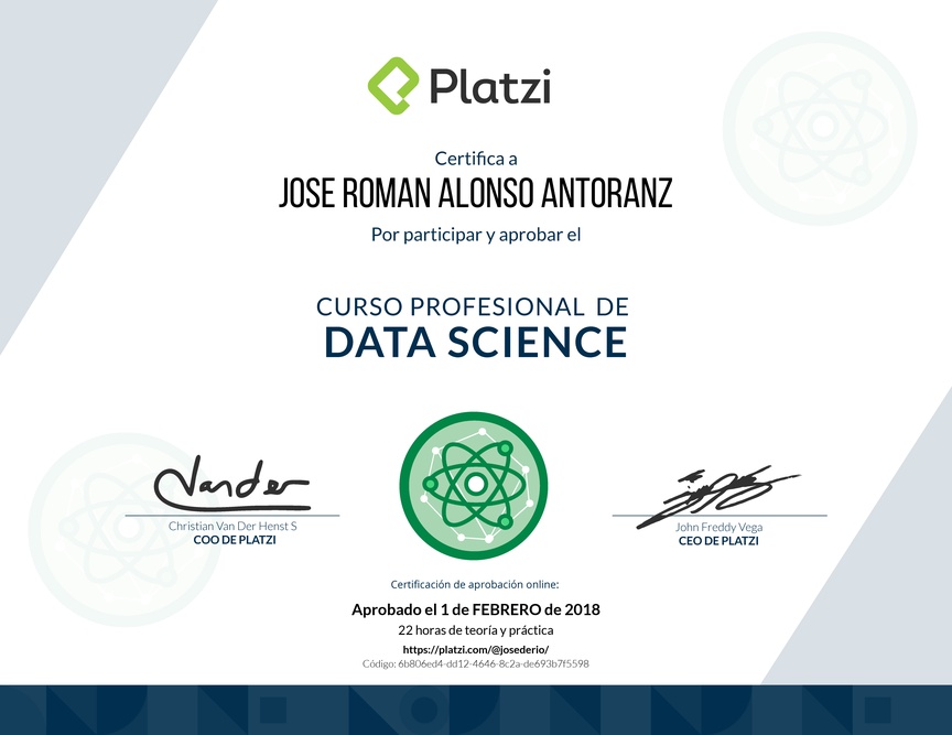 Diploma del Curso Profesional de Data Science 2016