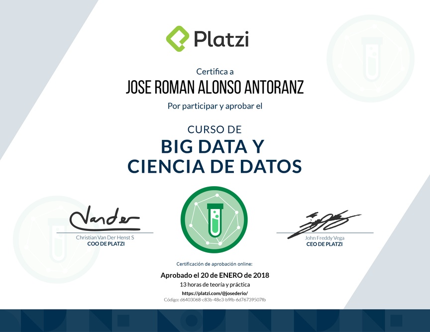 Diploma del Curso de Big Data y Ciencia de Datos 2016