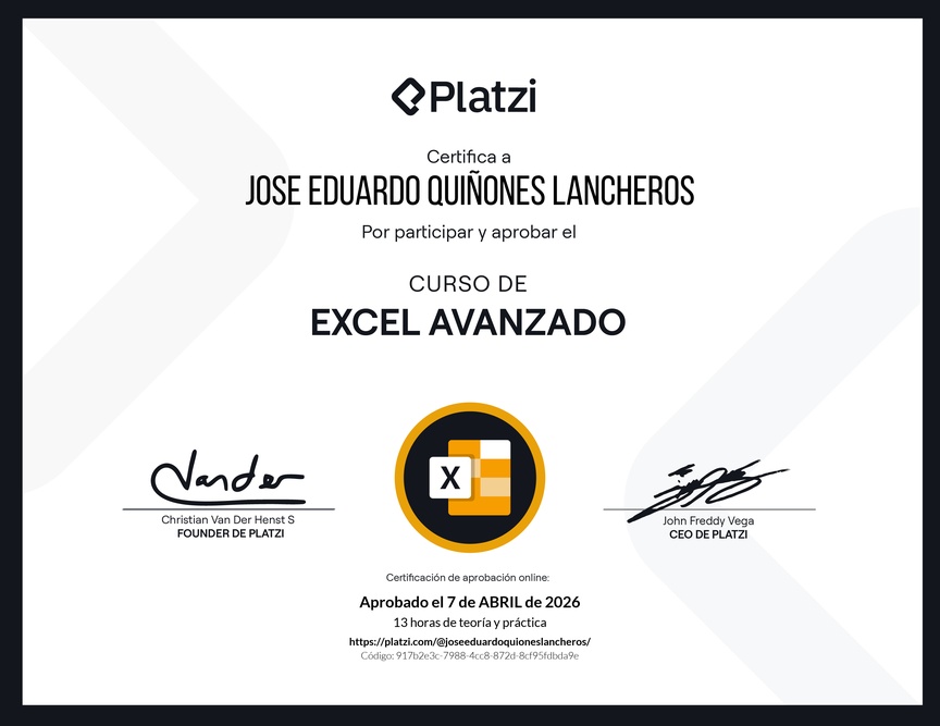 Diploma del Curso de Excel Avanzado