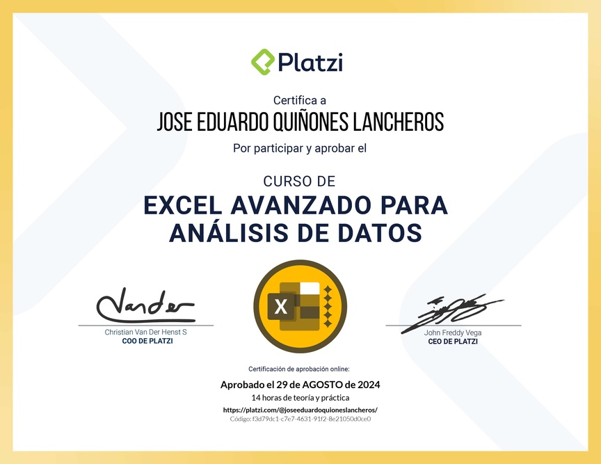 Diploma del Curso de Excel Avanzado para Análisis de Datos
