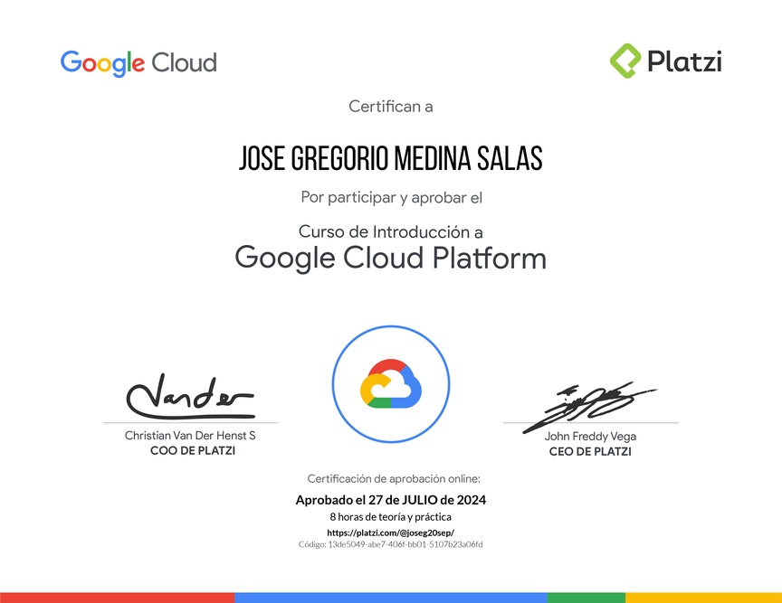 Diploma del Curso de Introducción a Google Cloud Platform