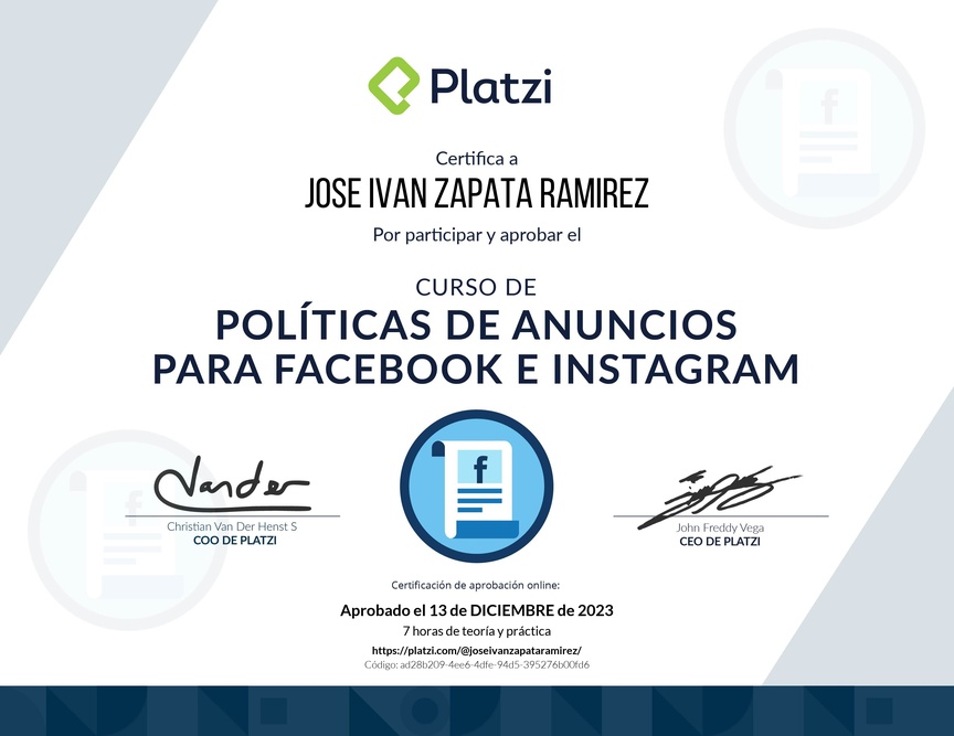 Diploma del Curso de Políticas de Anuncios en Facebook e Instagram