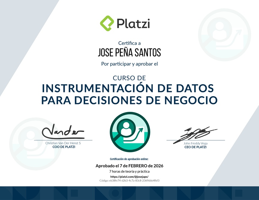 Diploma del Curso de Instrumentación de Datos para Decisiones de Negocio