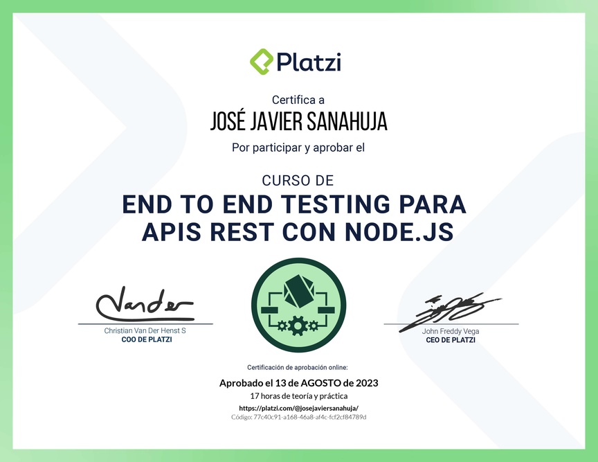 Diploma del Curso de End to End Testing para APIs REST con Node.js