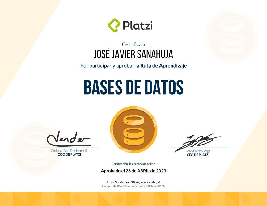 Diploma de la Ruta de Aprendizaje de Bases de datos desde cero