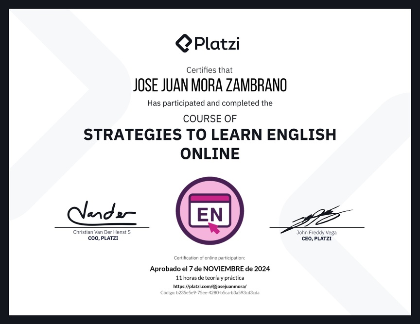 Diploma del Curso Gratis de Estrategias para Aprender Inglés en Línea