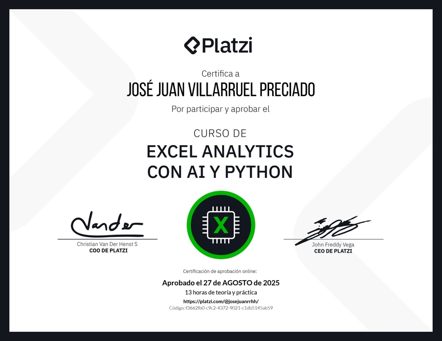 Diploma del Curso de Excel Analytics con AI y Python