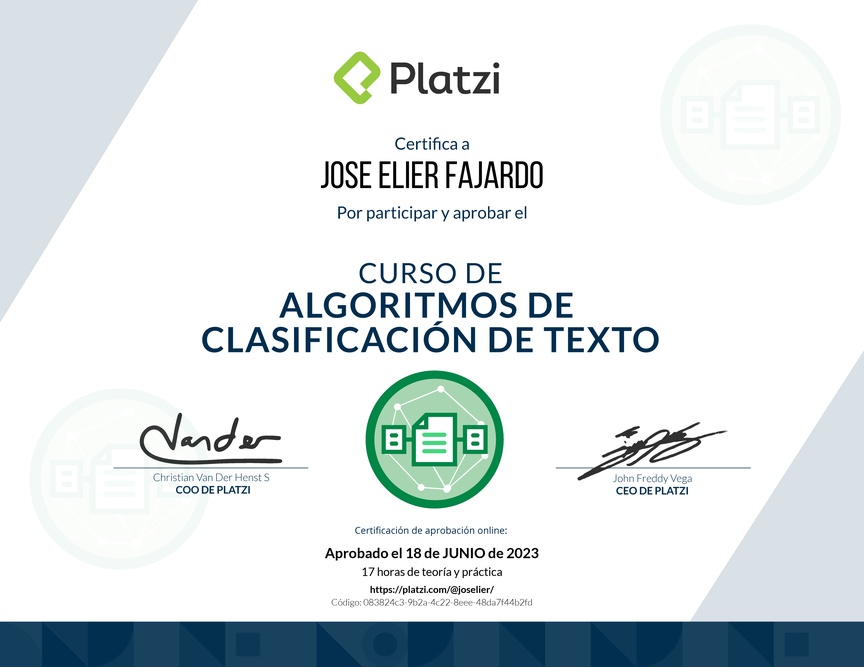Diploma del Curso de Algoritmos de Clasificación de Texto