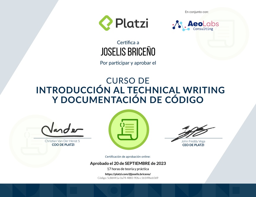 Diploma del Curso de Introducción al Technical Writing y Documentación de Código