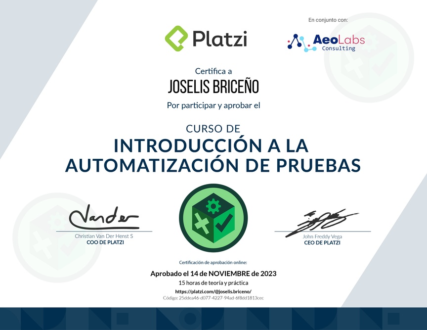 Diploma del Curso de Introducción a la Automatización de Pruebas