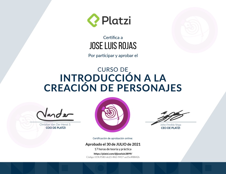 Diploma del Curso de Introducción a la Creación de Personajes