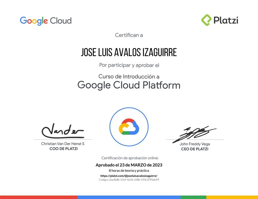 Diploma del Curso de Introducción a Google Cloud Platform