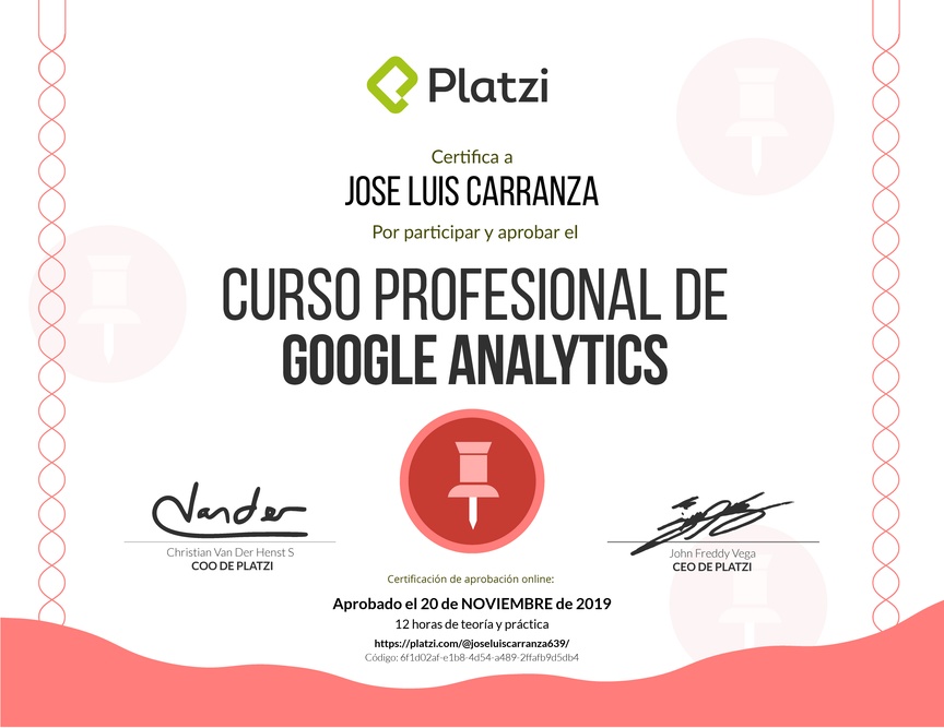 Diploma del Curso Profesional de Google Analytics 2017