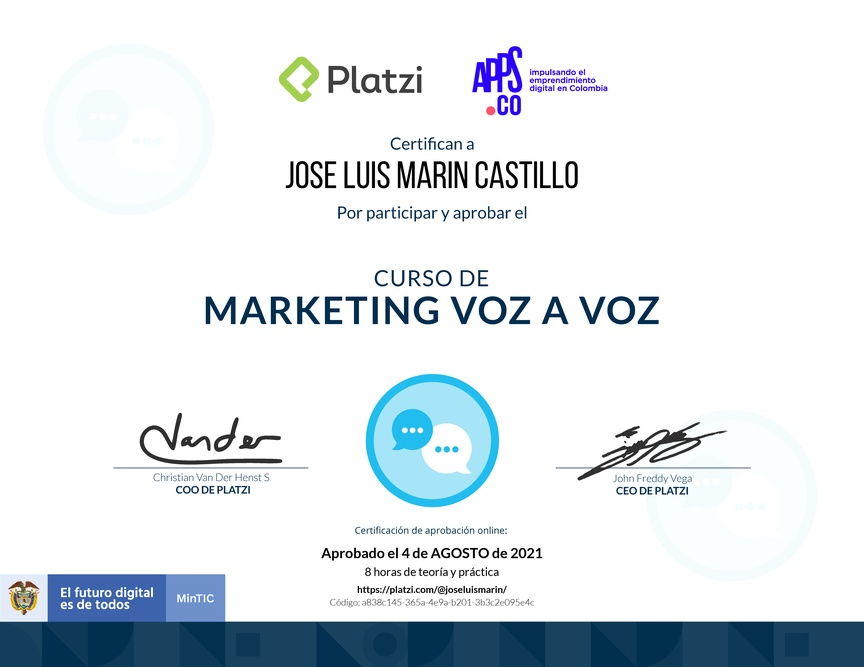 Diploma del Curso de Marketing Voz a Voz