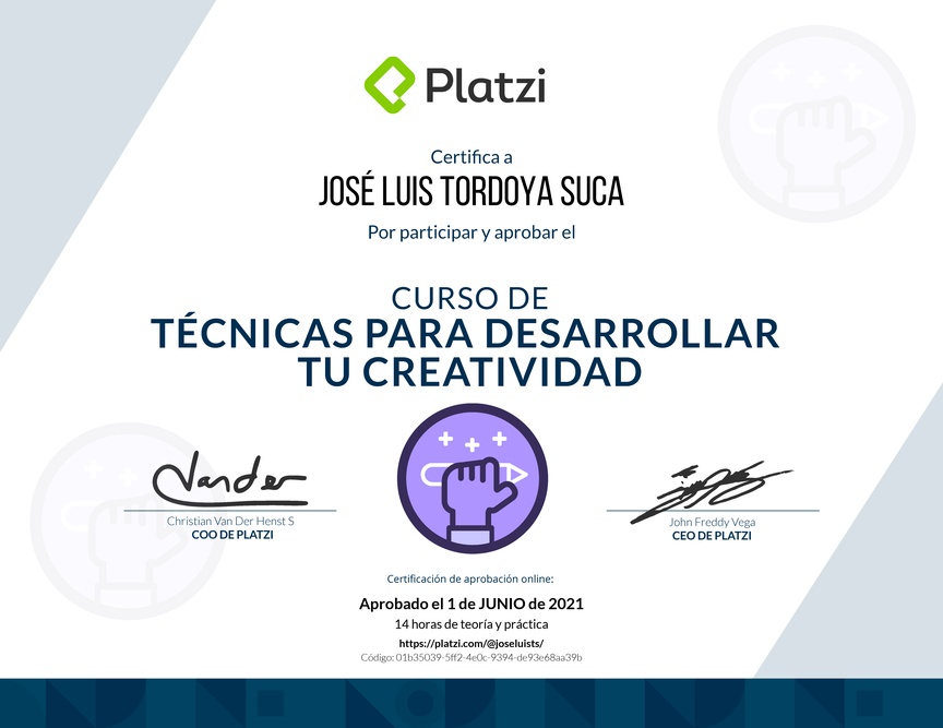 Diploma del Curso para Desarrollar tu Creatividad: Técnicas y Hábitos