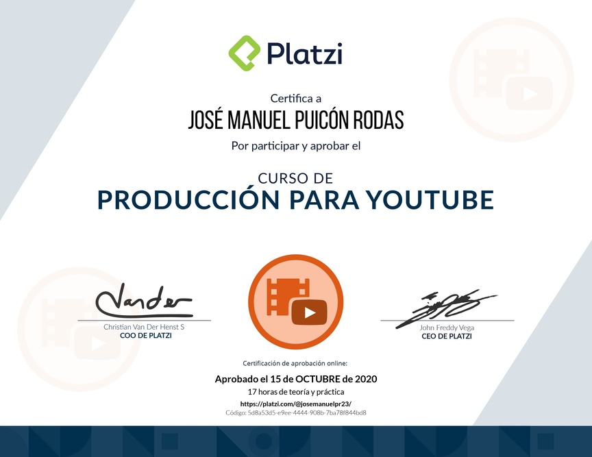Diploma del Curso de Producción para Youtube