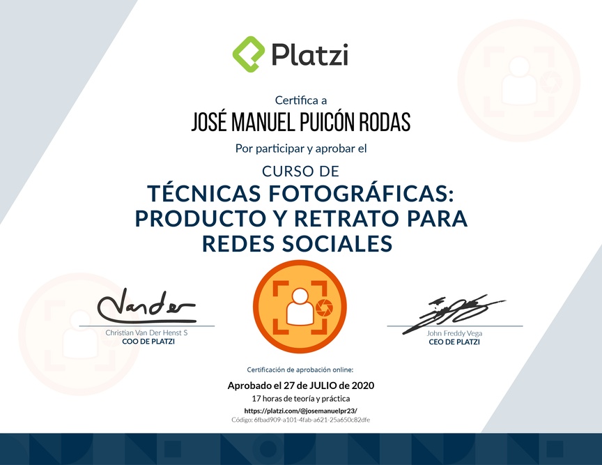 Diploma del Curso de Técnicas Fotográficas para Producto y Retrato en Redes Sociales