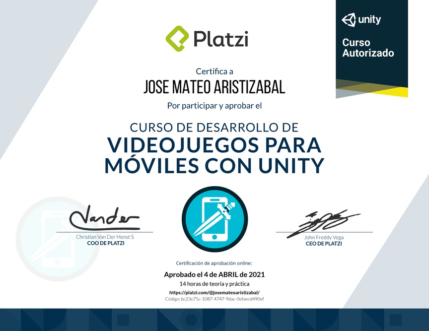 Diploma del Curso de Desarrollo de Videojuegos para Móviles con Unity
