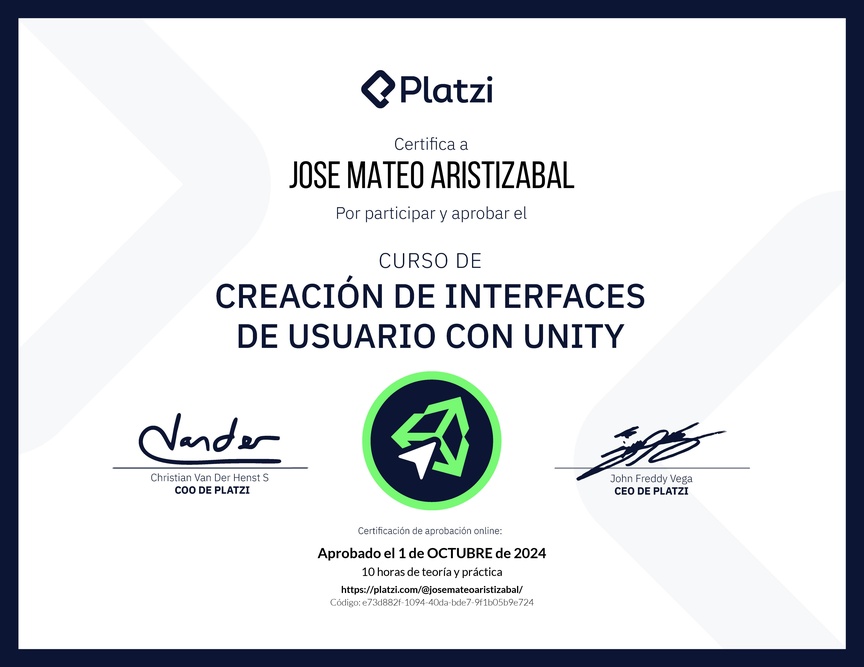Diploma del Curso de Creación de Interfaces de Usuario con Unity