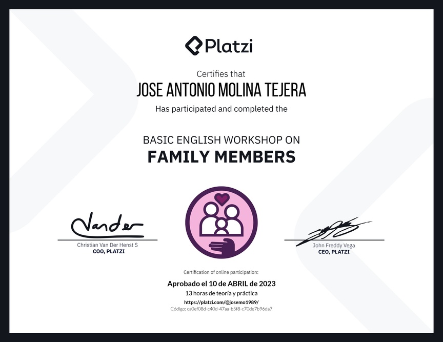 Diploma del Curso de Inglés Práctico sobre los Miembros de la Familia