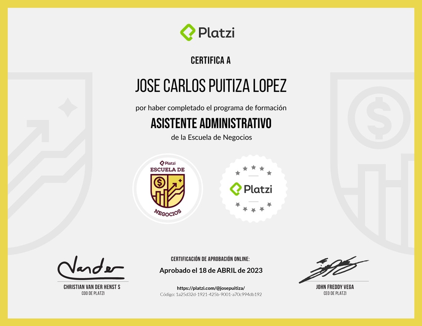 Diploma de la Ruta de Aprendizaje de Asistente Administrativo