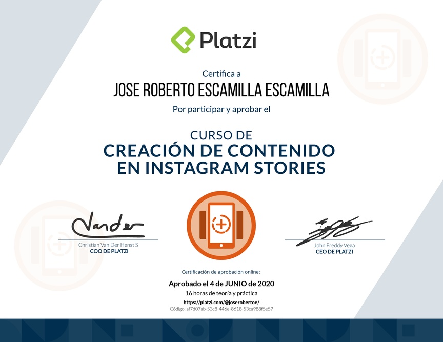Diploma del Curso de Diseño y Edición de Instagram Stories