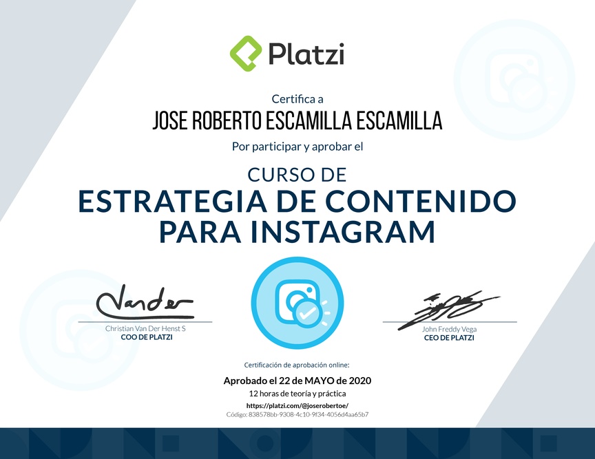 Diploma del Curso de Estrategia de Contenido para Instagram