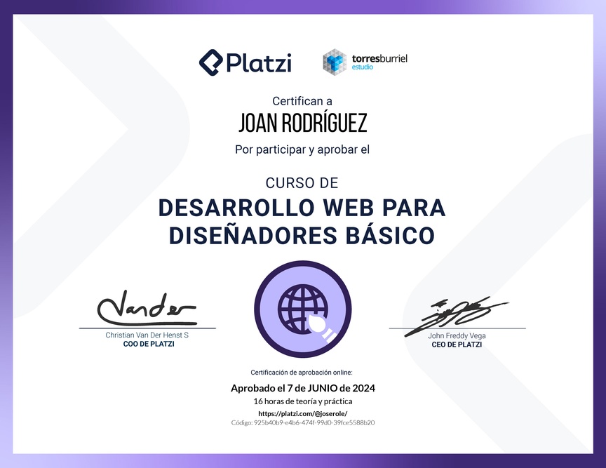 Diploma del Curso Desarrollo Web para Diseñadores