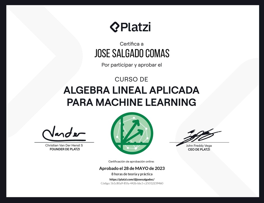 Diploma del Curso de Álgebra Lineal Aplicada para Machine Learning