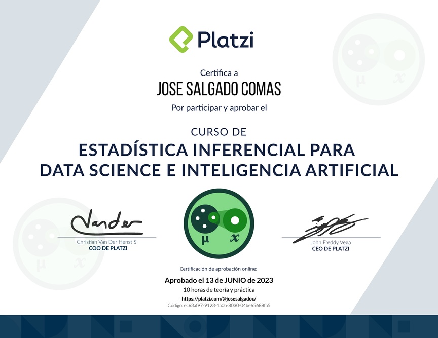 Diploma del Curso de Estadística Inferencial para Data Science e Inteligencia Artificial